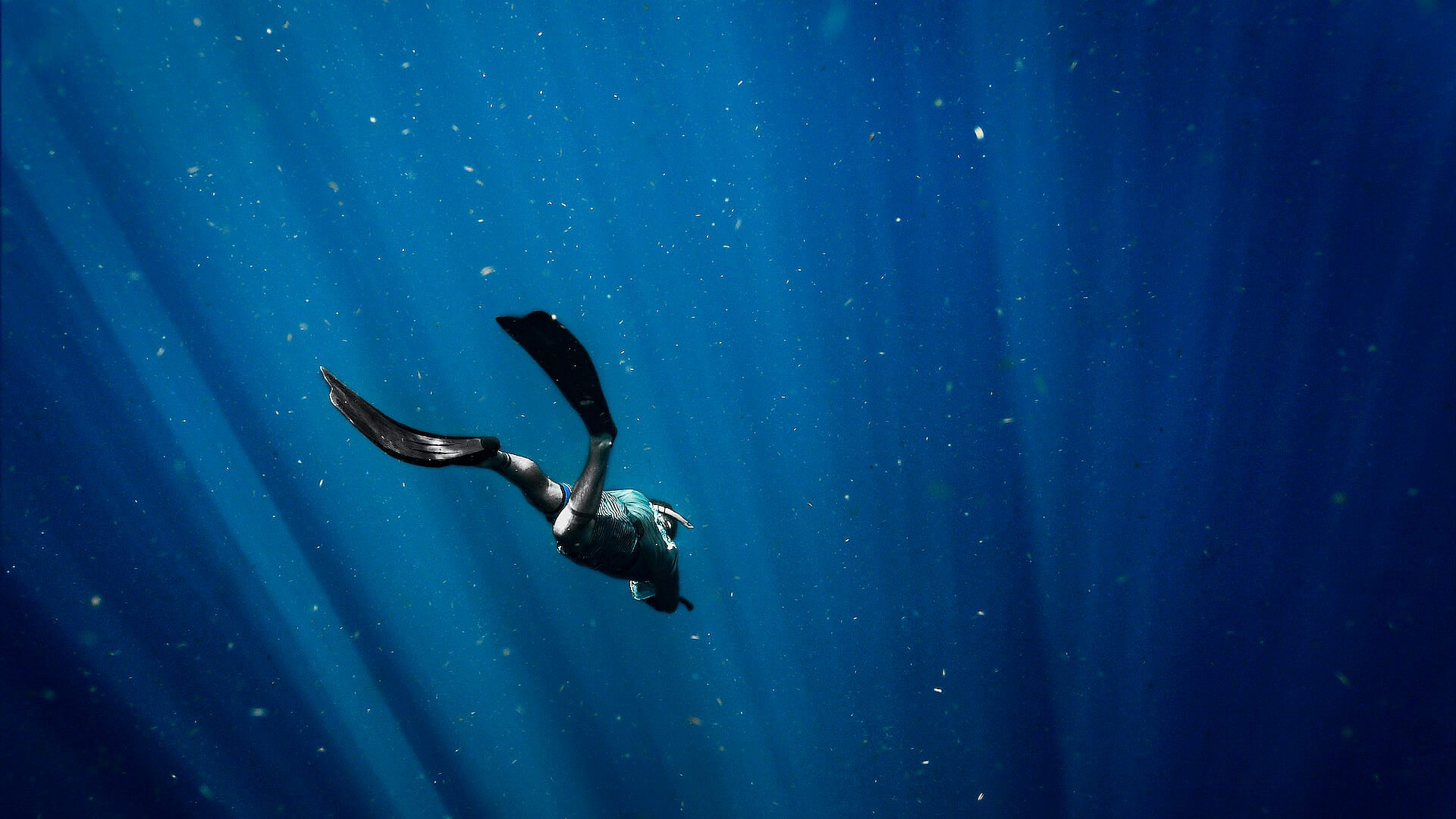 Person deep diving in clear ocean waters.